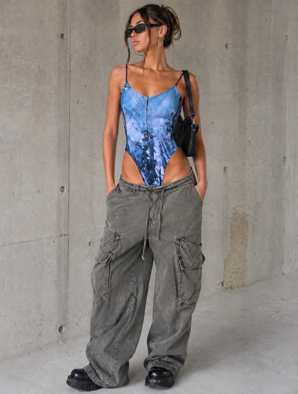 Vintage Y2K Diesel T-Lye-N1 Mesh Bodysuit Trompe L’oeil Denim Corset Blue Large